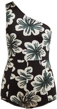 Galina Floral Print One Shoulder Swimsuit - Womens - Black Print
