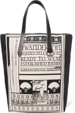 Leather-trimmed Printed Canvas Tote - White