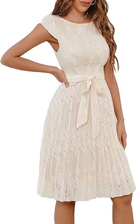 Floerns Women's Floral Lace Cap Sleeve Pleated Hem Belted Elegant Short Dress at Amazon Women’s Clothing store