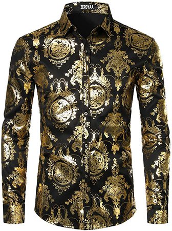 ZEROYAA Men's Luxury Shiny Gold Design Slim Fit Long Sleeve Button up Dress Shirts ZZCL47 Black Gold Small at Amazon Men’s Clothing store