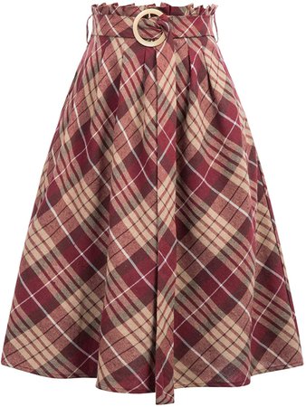 Women's Elastic Waist Vintage A-Line Pleated Skirt Wine Plaid Size S CL052-1: Clothing