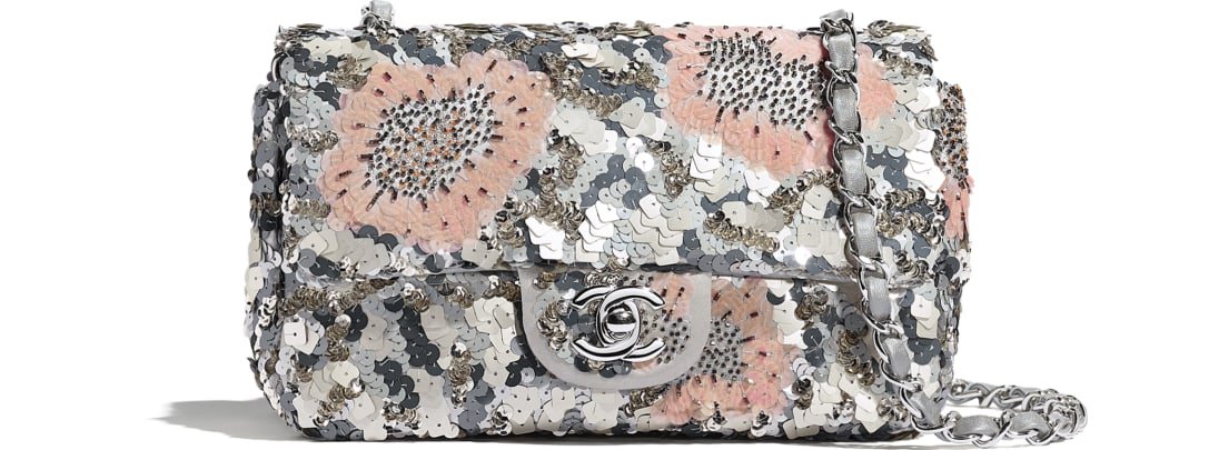 Mini Flap Bag, sequins, glass pearls & silver-tone metal, gray, silver & pink - CHANEL
