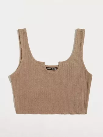 Notched Rib-knit Crop Tank Top | SHEIN USA Khaki