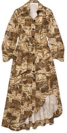 Asymmetric Belted Printed Cotton-poplin Midi Dress - Brown