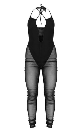 Black Strap Detail Halterneck Mesh Ruched Jumpsuit | PrettyLittleThing USA