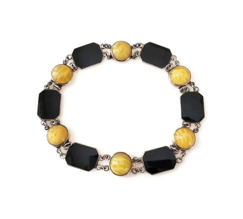Art Deco Sterling Enamel Bracelet Yellow Satin Glass | Etsy