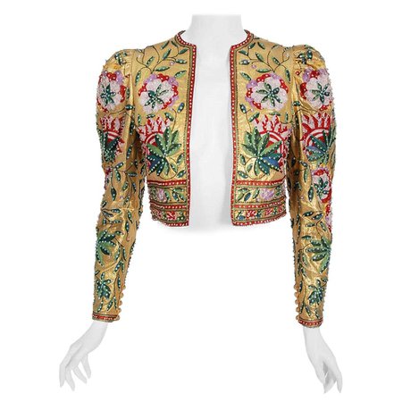 Vintage 1979 Lanvin Haute Couture Embroidered Beaded Gold Lamé Cropped Jacket