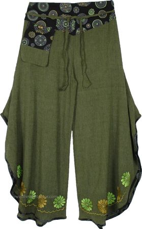 Henna Beauty Elephant Palazzo Pants with Patterned Waistband | Green | Split-Skirts-Pants, Embroidered, Vacation, Beach, Fall, Bohemian