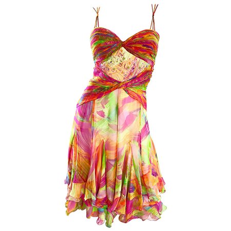 1990s Diane Freis Sz 10 Bright Sequin Beaded Silk Chiffon Handkerchief Hem Dress For Sale at 1stDibs | chiffon handkerchief dress