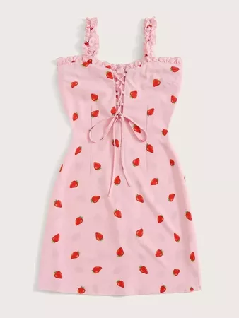 Plus Lace Up Strawberry Print Cami Dress | SHEIN UK