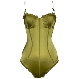 2004 Gucci by Tom Ford Green Satin Bows Plunging Pin-Up Bodysuit Top