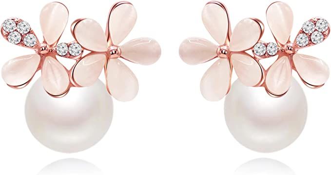 Amazon.com: Soft Pink Cat Eye Stones Flower White Simulate Pearl Pierced Cluster Earrings: Clothing, Shoes & Jewelry
