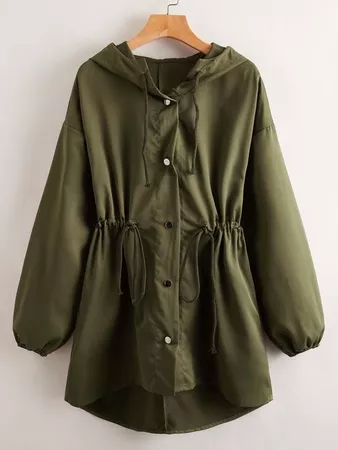 Drawstring Waist Button Up Hooded Coat | SHEIN USA Army Green