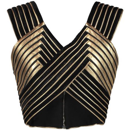 Balmain Cropped paneled leather and velvet top