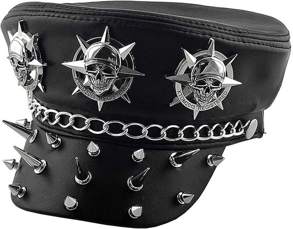 Fashion Punk Hats Real Leather Biker Cap Causal Steampunk Rivet Hat at Amazon Men’s Clothing store