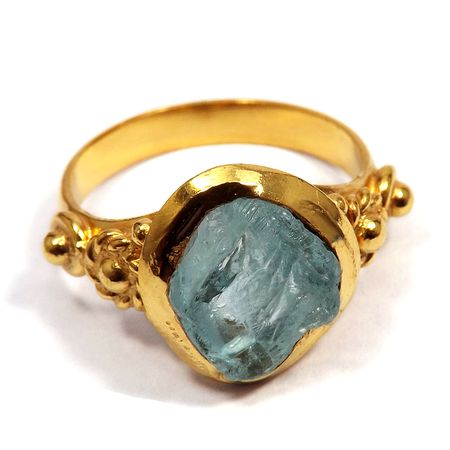 Aquamarine Rough - I BRR897 - Indian Factory Made Gold Plated Brass Aquamarine Rough Stone Ring