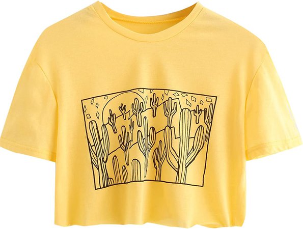 SweatyRocks Women's Cactus Print Crop Top Summer Short Sleeve Graphic T-Shirts Yellow Small at Amazon Women’s Clothing store