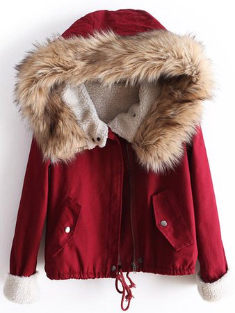 Faux Fur Hooded Drawstring Zip Up Coat