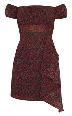 Black Ditsy Floral Print Ruffle Drape Bodycon Mini Dress | PrettyLittleThing USA