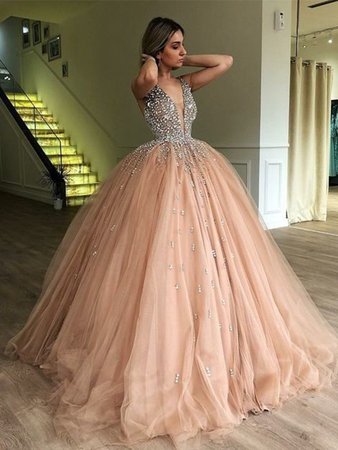 Ball Gown V-neck Sleeveless Floor-Length With Beading Tulle Dresses at Hebeos