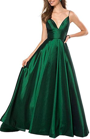 Womens Spaghetti Strap V Neck Prom Dresses Long 2019 A-line Satin Formal Evening Ball Gowns with Pockets Green at Amazon Women’s Clothing store