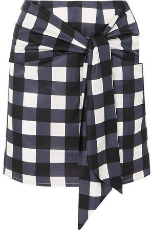 Tie-front Checked Cotton And Silk-blend Mini Skirt - Navy
