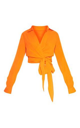 Petite Orange Tie Waist Blouse | Petite | PrettyLittleThing USA