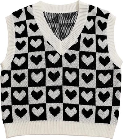 SAFRISIOR Women Cute Heart Checker Print Sweater Vest V Neck Color Block Sleeveless Pullover Knit Tank Top 90s E-Girls Red at Amazon Women’s Clothing store