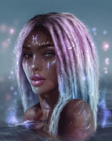 Tati Moons pieces art girl with dark skin pink and blue hair pretty  green eyes in water white flourcent tatoos zodiac art