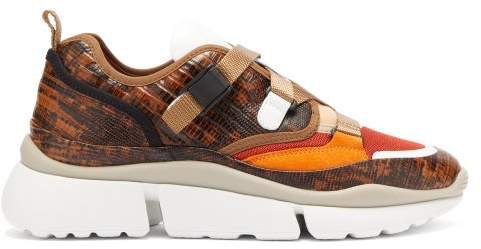 Sonnie Raised Sole Lizard Effect Leather Trainers - Womens - Brown Multi