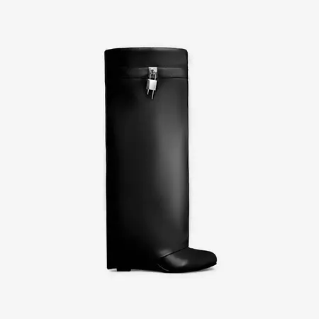 I-Am-The-One Padlock Detail Wedge Heel Knee High Long Boot In Black Faux Leather | EGO
