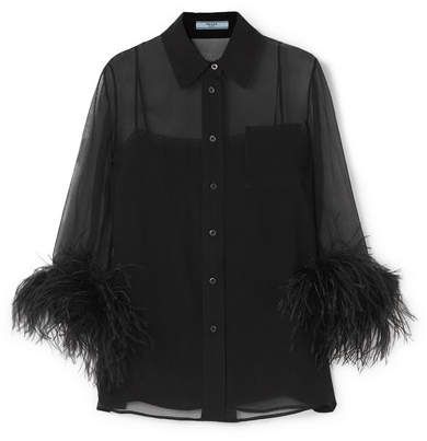 Feather-trimmed Silk-georgette Blouse - Black