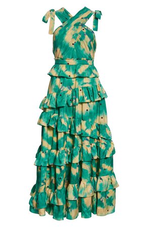 Ulla Johnson Zahra Tie Shoulder Cutout Ruffle Maxi Dress | Nordstrom