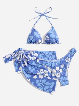 3 piezas floral Bañador bikini micro triángulo & Falda de playa | SHEIN USA