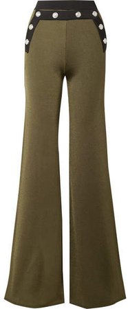 Button-embellished Two-tone Stretch-knit Flared Pants - Army green