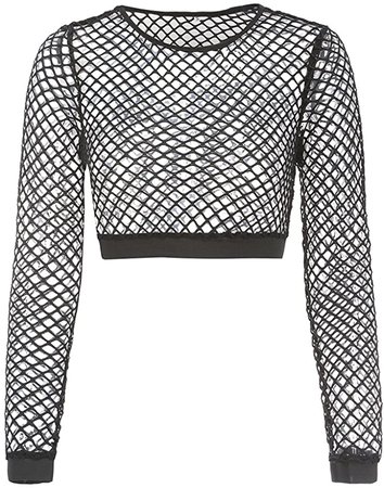 Nihsatin Women's Elastic Fishnet Long Sleeve Mesh Crop Top Clubwear See Through at Amazon Women’s Clothing store