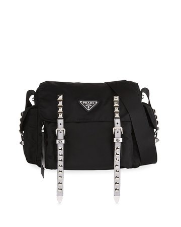 Prada Prada Black Nylon Messenger Bag with Studding | Neiman Marcus