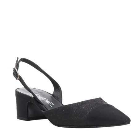 CHANEL 17B black glittery grosgrain toe cap logo chunky heel slingback pump EU36