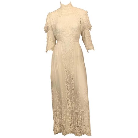 Victorian Bright White High Neck Lace and Embroidered Handkerchief Linen Dress at 1stDibs