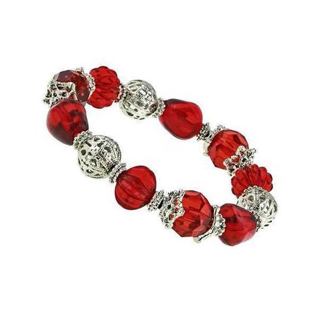 Silver-Tone Red Beaded Filigree Stretch Bracelet