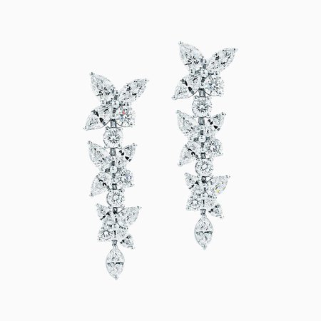 Diamond chandelier earrings of princess-cut and round diamonds in platinum. | Tiffany & Co.