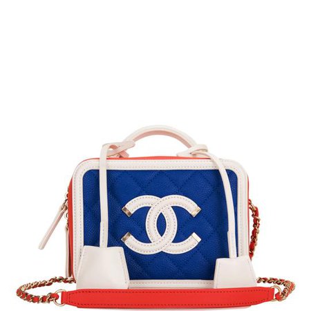 Chanel Vanity Case Dark Blue White and Red Caviar Mini Filigree Multicolor Leather Cross Body Bag - Tradesy