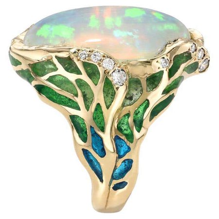 Opal and Plique a Jour Enamel Ring with Gold and Diamonds. For Sale at 1stDibs