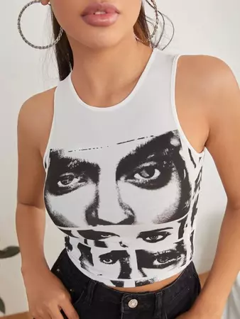 SHEIN PETITE Figure Face Print Tank Top | SHEIN USA