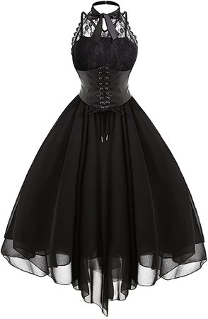 Amazon.com: Women's Sleeveless Gothic Dress with Corset Halter Lace Swing Cocktail Dress Formal Halloween Punk Hippie Dresses Black : Clothing, Shoes & Jewelry