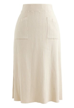 Two Patched Pockets Knit Skirt in Cream - Retro, Indie and Unique Fashion