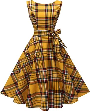 Women's Boatneck Sleeveless Swing Vintage 1950s Cocktail Dress Gold Plaid XL : Clothing, Shoes & Jewelry