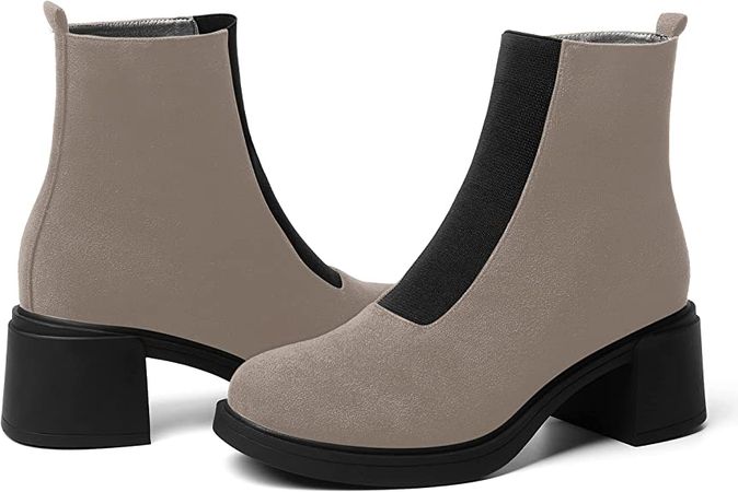 Amazon.com | AMBELIGHT Womens Office Elastic Suede Round Toe Faux Fleece Lining Casual Chunky Mid Heel Ankle High Boots 2.5 Inch | Ankle & Bootie