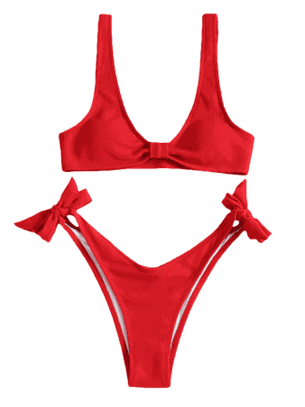 Rib Tie Side High Leg Bikini Set LAVA RED: Bikinis M | ZAFUL