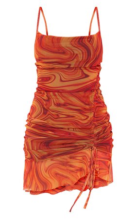PLT Orange Mesh Marble Print Ruched Bodycon Dress